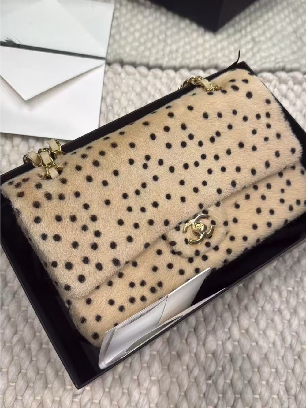 "Cheetah Print’ Medium Flap Bag Light Beige Calf Hair and Black Lambskin